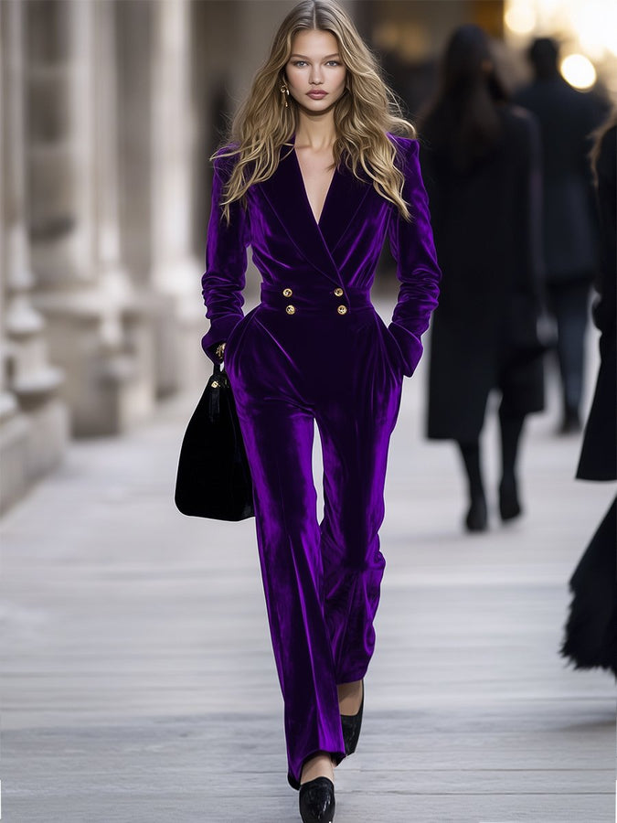 Expédition Rapide en 24 Heures : Élégante Combinaison Rétro en Velours Violet de Luxe