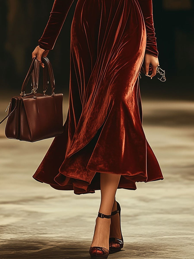 Robe Midi en Velours Uni à Manches Longues Décolletées - Livraison en 24 Heures