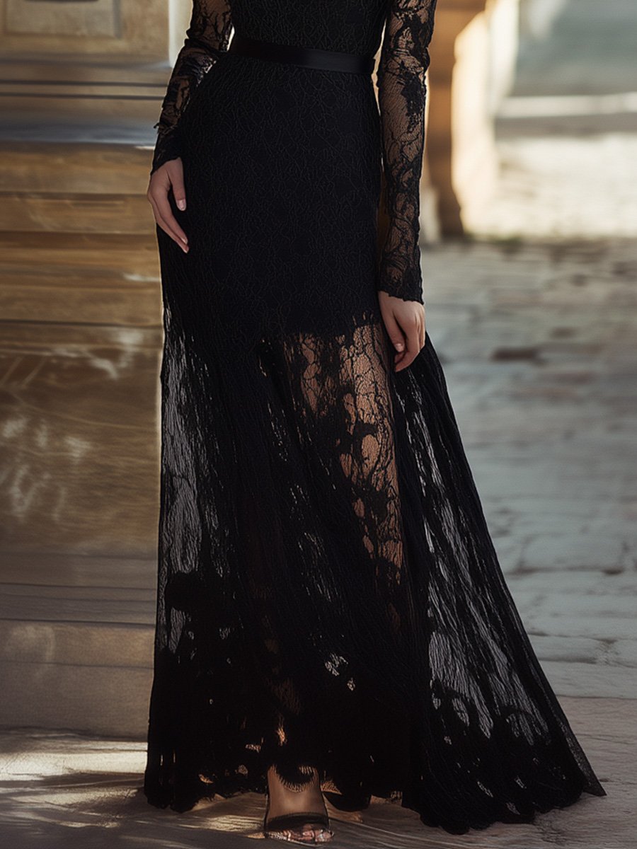 Robe Maxi en Dentelle Noire - Élégance Unique avec Col Haut, Expédition en 24 Heures