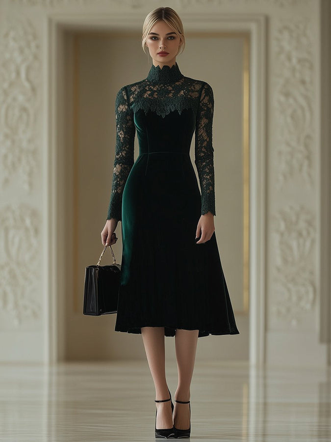 Robe Midi Élégante en Velours Rétro avec Dentelle et Col Montant - Expédition Rapide en 24 Heures