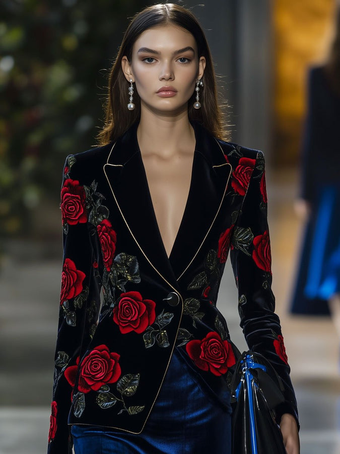 Expédition en 24h : Blazer Vintage en Velours Ample avec Imprimé de Roses Rouges et Finitions Dorées