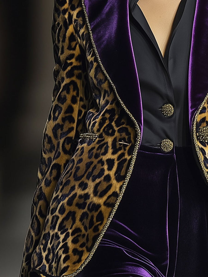 Blazer Vintage en Velours Léopard avec Revers Contrastés - Expédition en 24 Heures!