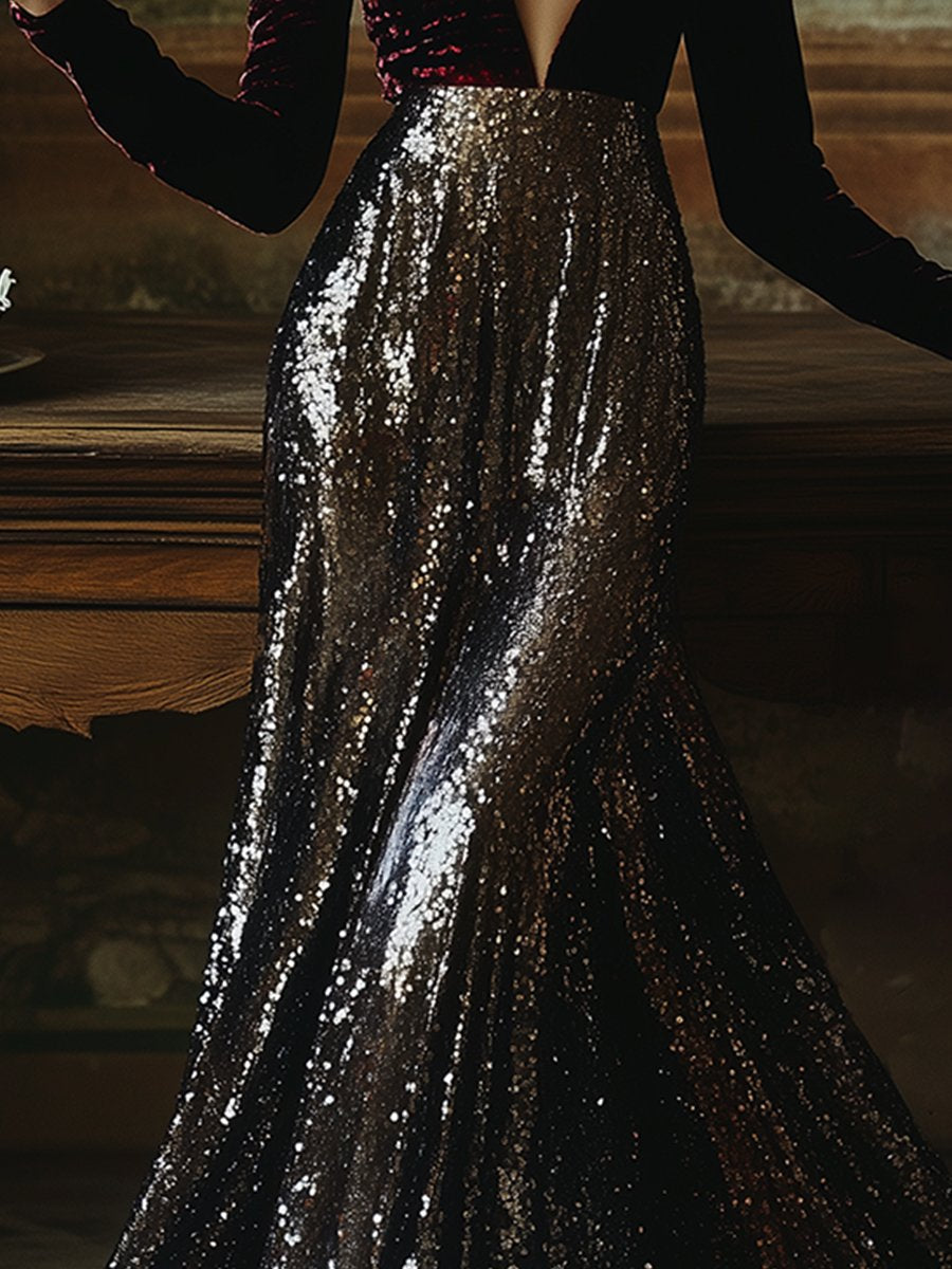 Robe Maxi Élégante en Velours à Sequins - Décolleté en V, Expédition Rapide sous 24 Heures