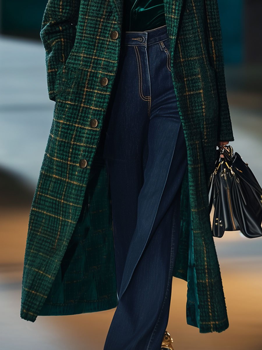 【Expédition en 24h】Manteau mi-long en laine à carreaux vintage avec poches pratiques