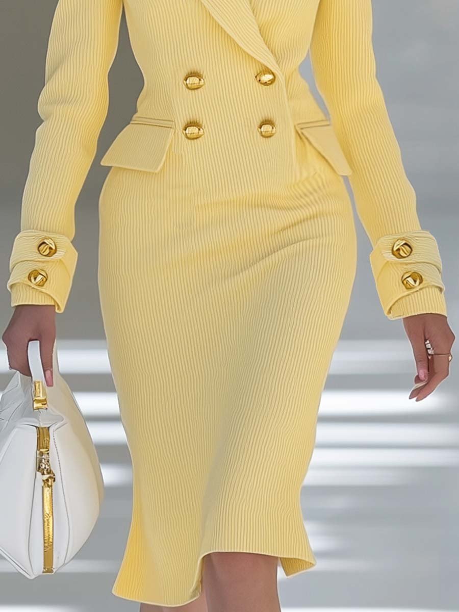 Élégante Robe Midi Tricotée Jaune Clair à Col V