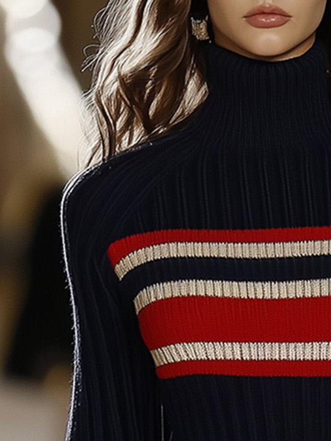 Robe Rétro Française Élégante à Col Haut - Rayures Rouges et Blanches, Expédition en 24 Heures !
