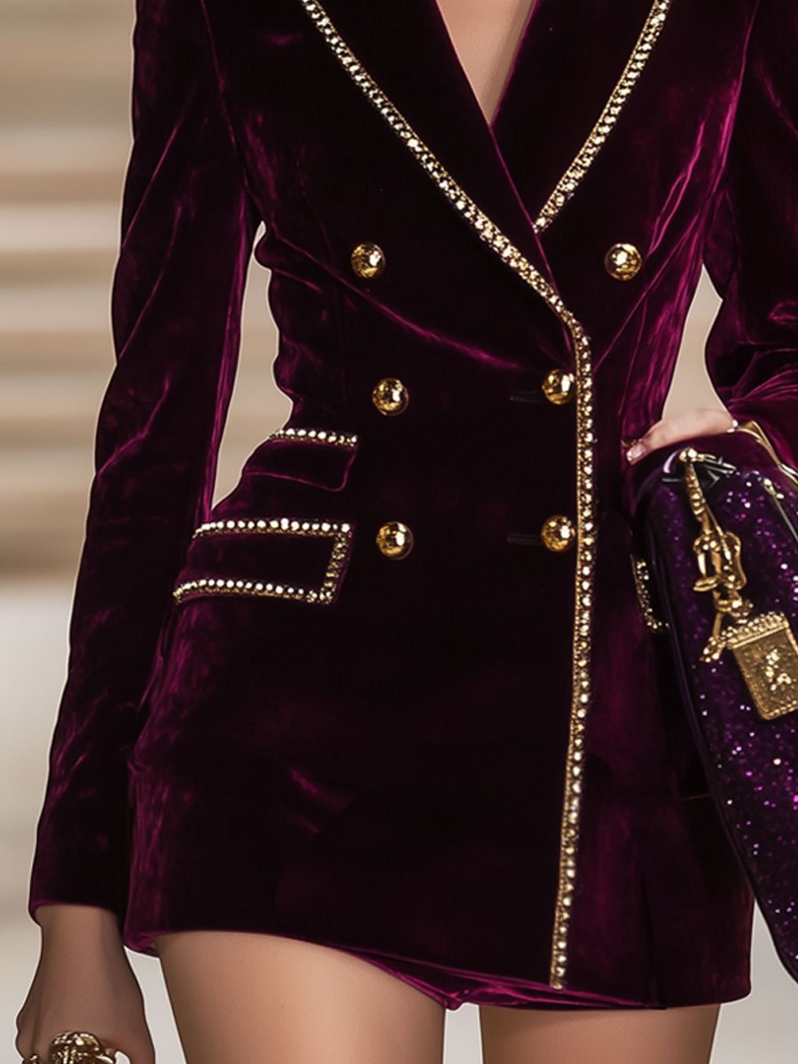 Robe Mini Vintage en Velours Bourgogne avec Détails Dorés - Expédition Rapide en 24 Heures