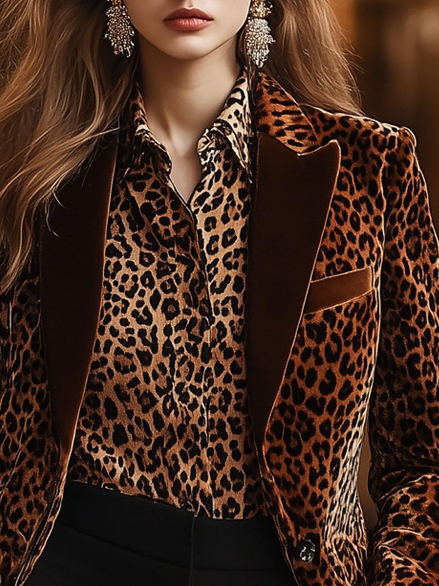 Blazer en Velours Rétro à Imprimé Léopard - Expédition Rapide en 24 Heures !