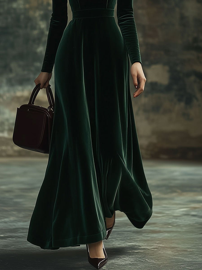 Robe Maxi en Velours Épuré avec Col Montant et Nœud – Manches Longues, Prête à Expédier en 24 Heures pour vos Événements Festifs