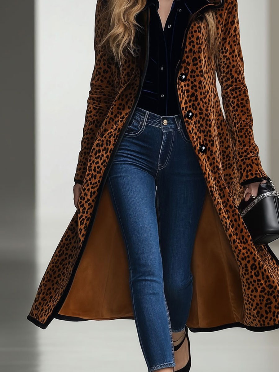 Veste Longue en Velours Vintage avec Imprimé Léopard et Détails Noirs - Expédition Rapide en 24 Heures