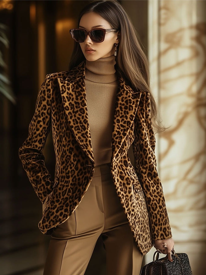 Veste Décontractée en Velours Léopard avec Poches Vintage