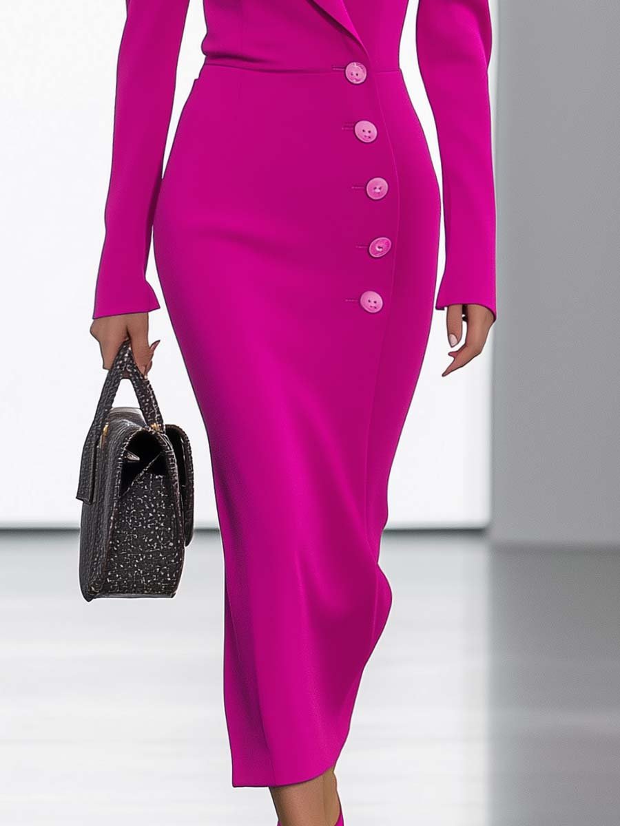 Robe Midi Élegante à Manches Bouffantes et Décolleté en V - Rose Vif, Expédition Rapide sous 24 Heures !
