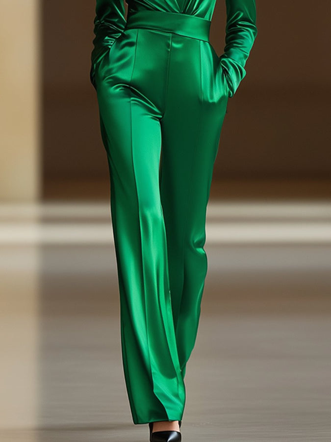 【Livraison en 24 heures】Combinaison en satin vert décontractée avec col en V rétro