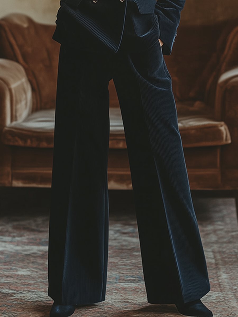 Ensemble Chic en Velours Côtelé : Veste Double Boutonnage Navy & Pantalon à Jambes Larges - Livraison en 24 Heures