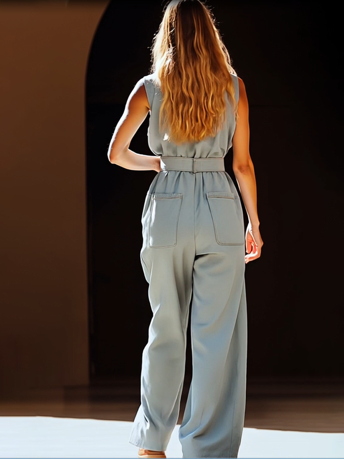 Expédition Rapide : Salopette Décontractée en Denim Tencel Gris-Bleu avec Poches - Style Rétro