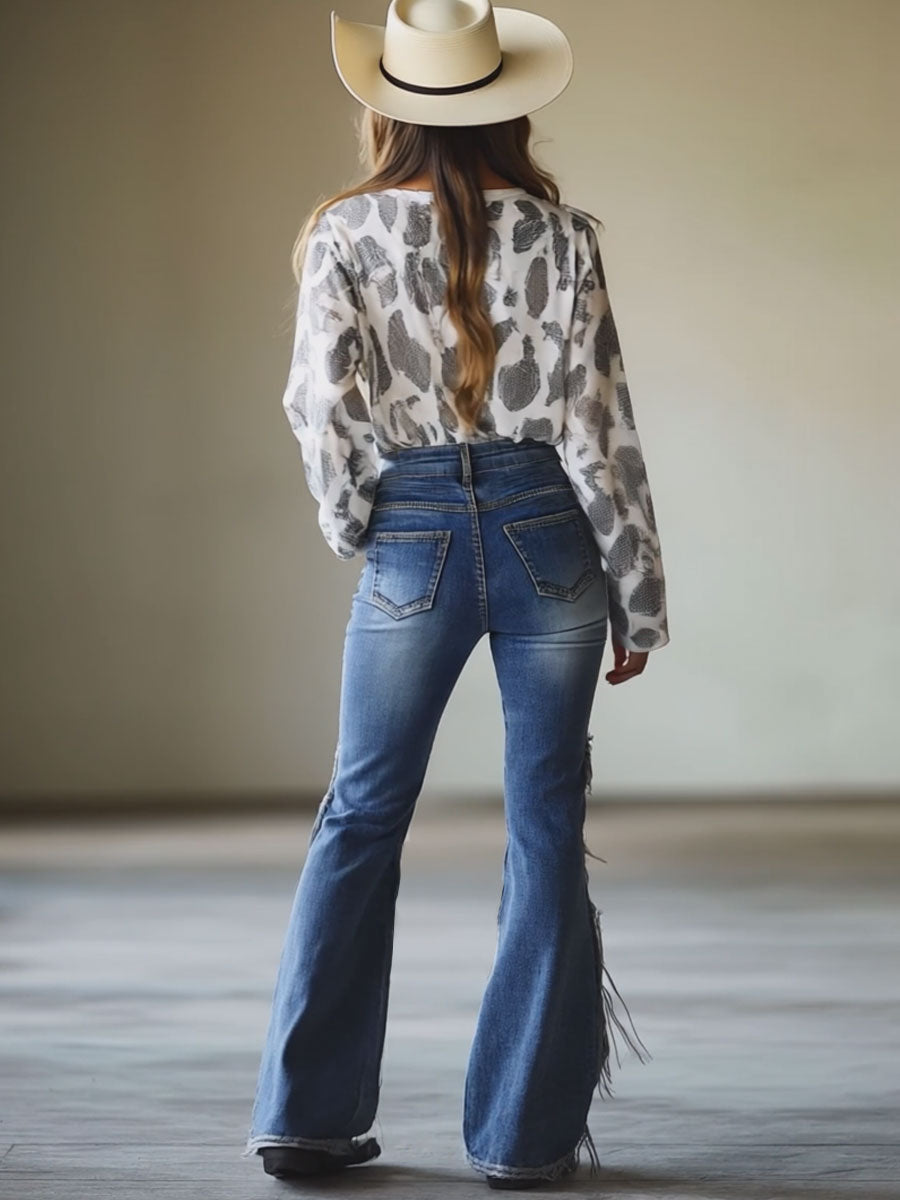 Jean Évasé Vintage Bleu avec Franges