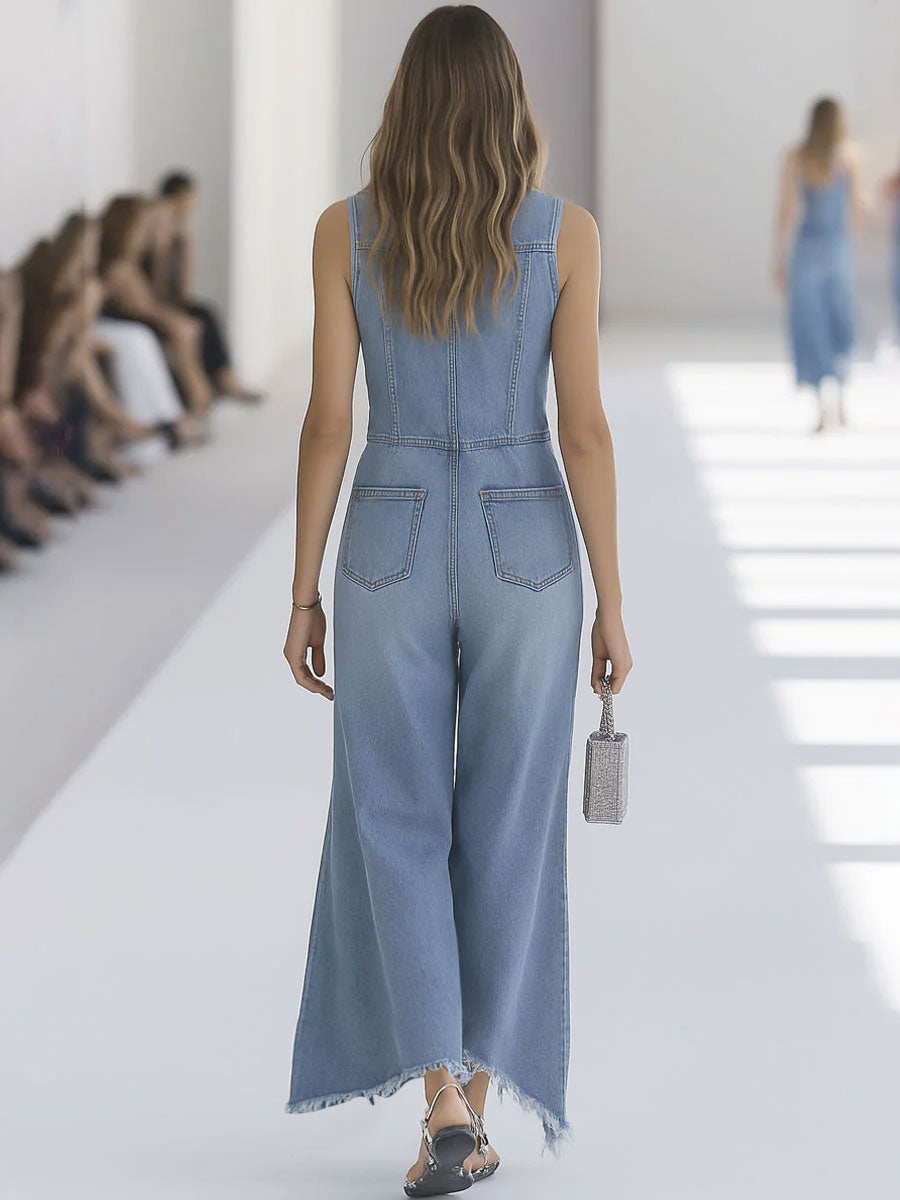 【Expédition en 24 heures】Salopette sans manches en denim bleu clair au style rétro, avec bords bruts et jambes larges zippées