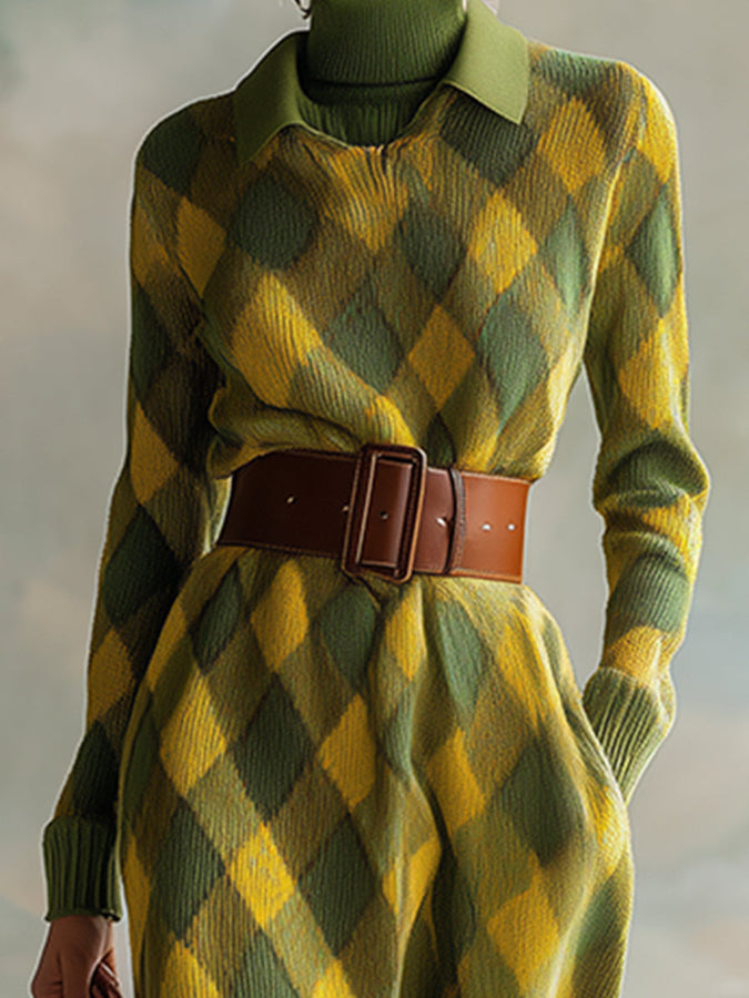 Maxi Robe Tricotée à Carreaux Jaunes et Verts avec Col Rétro Chic