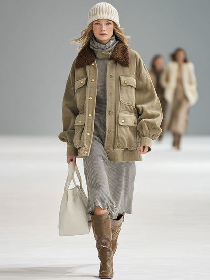 Veste Vintage en Velours Côtelé Kaki avec Poches en Agneau Brun