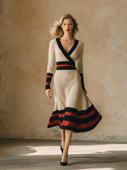 Robe Midi Rétro Beige à Rayures Rouges et Noires