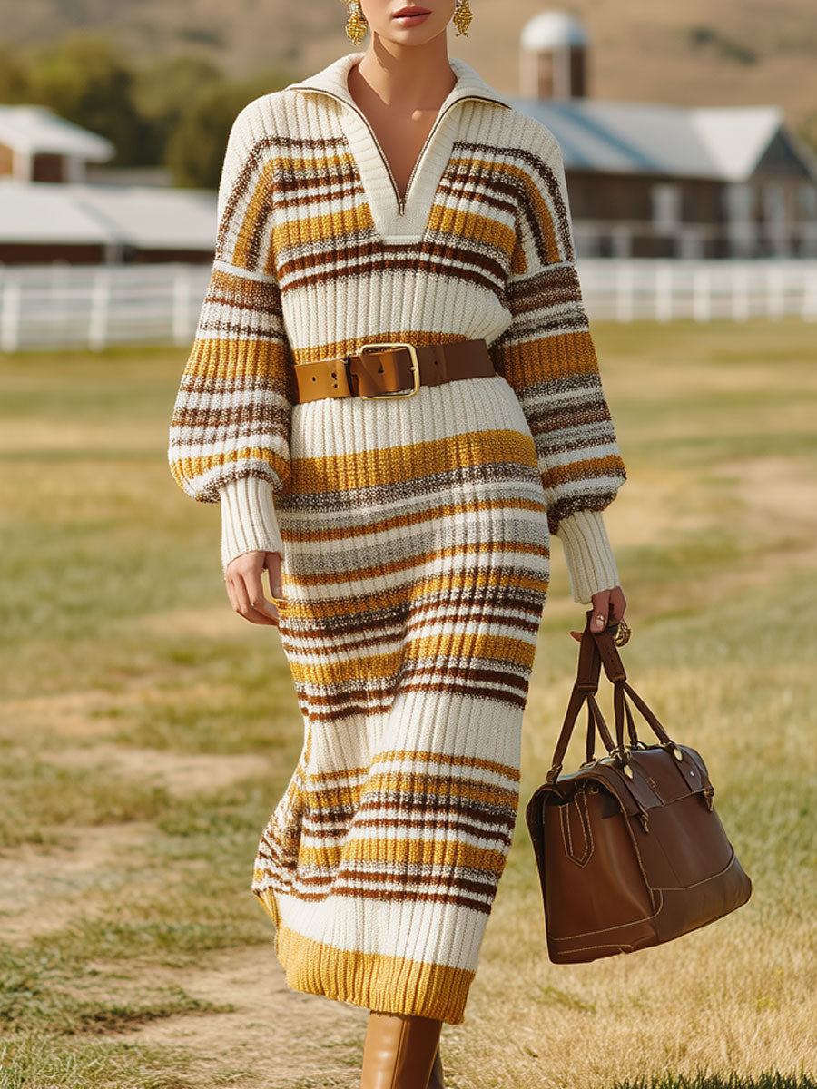 Robe Midi Tricotée à Rayures Jaunes et Marron avec Fermeture Éclair à Demi-Taille