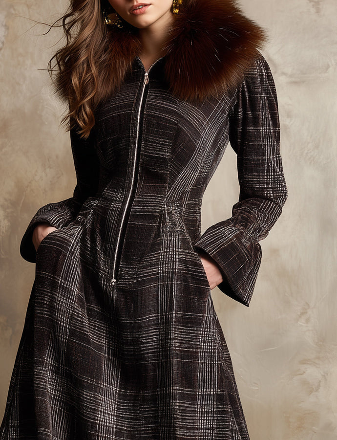 Maxi Robe Chenille Vintage avec Col en Fausse Fourrure à Motif Carreaux