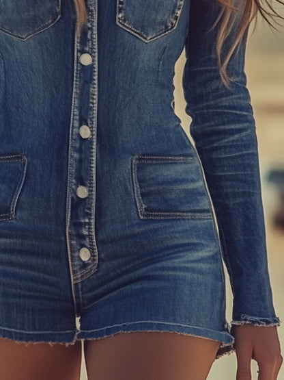 Salopette en Denim Bleu à Manches Longues et Boutons Rétro - Style Décontracté