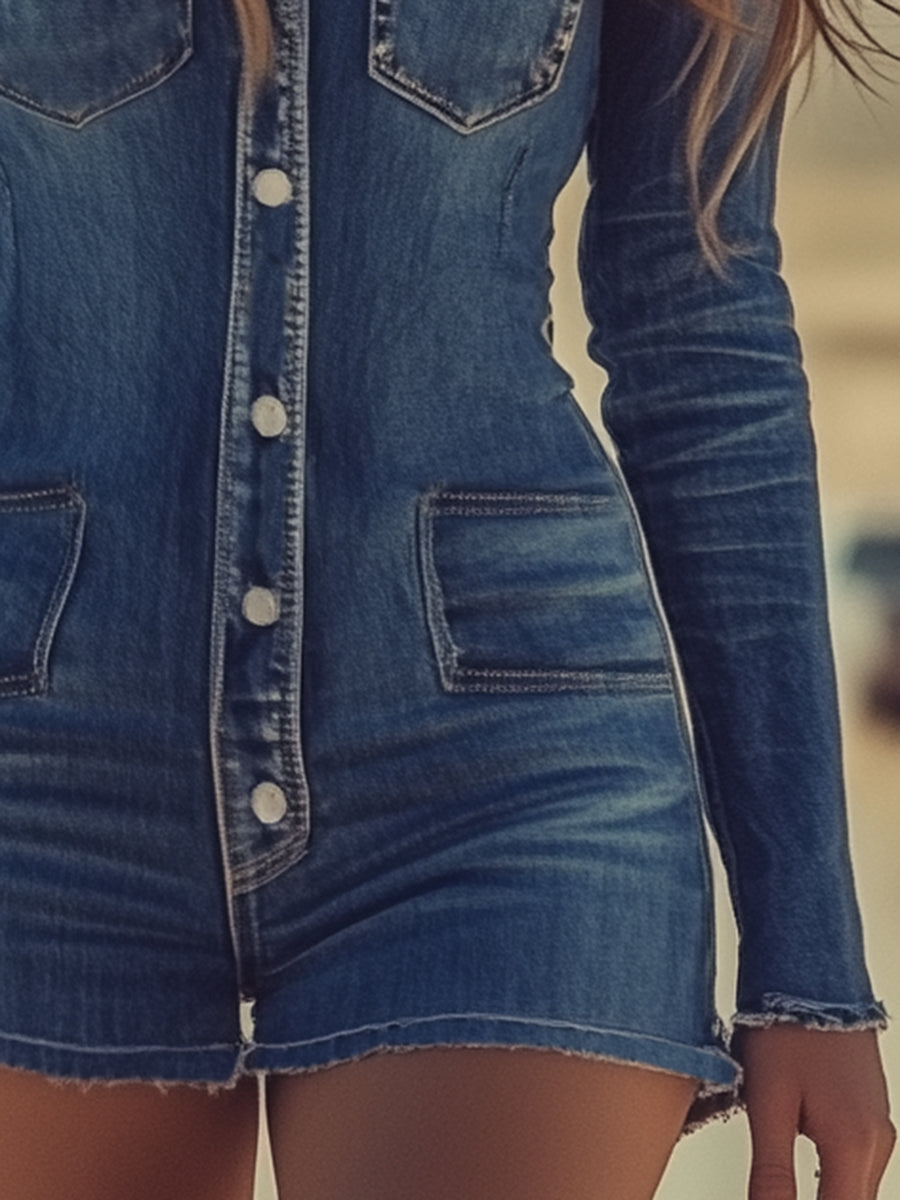 Salopette en Denim Bleu à Manches Longues avec Boutons Rétro