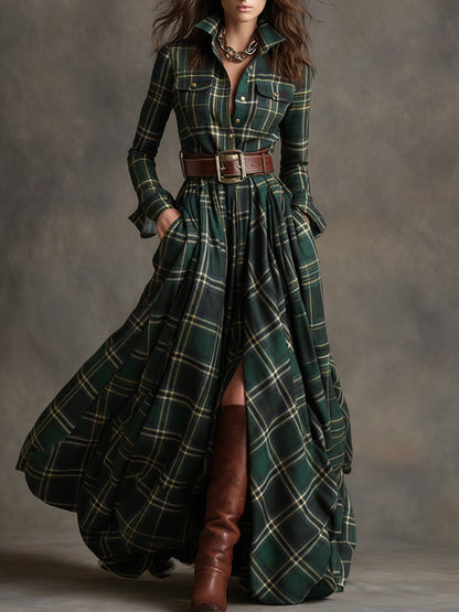 Robe Maxi Ethnique Rétro à Motifs Carreaux Marron et Rouge