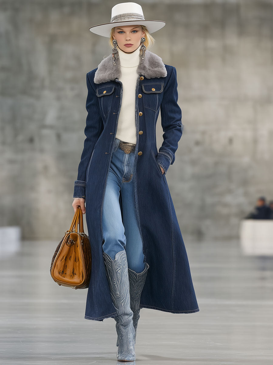 Longue Manteau en Jean Bleu Foncé avec Col et Bordure en Fourrure Rétro