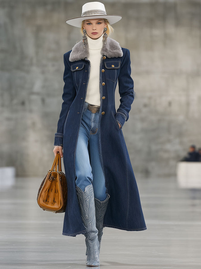 Longue Manteau en Jean Bleu Foncé avec Col et Bordure en Fourrure Rétro