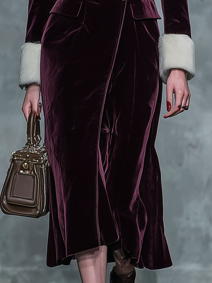 Veste en velours violet à double boutonnage avec col en fourrure rétro chic