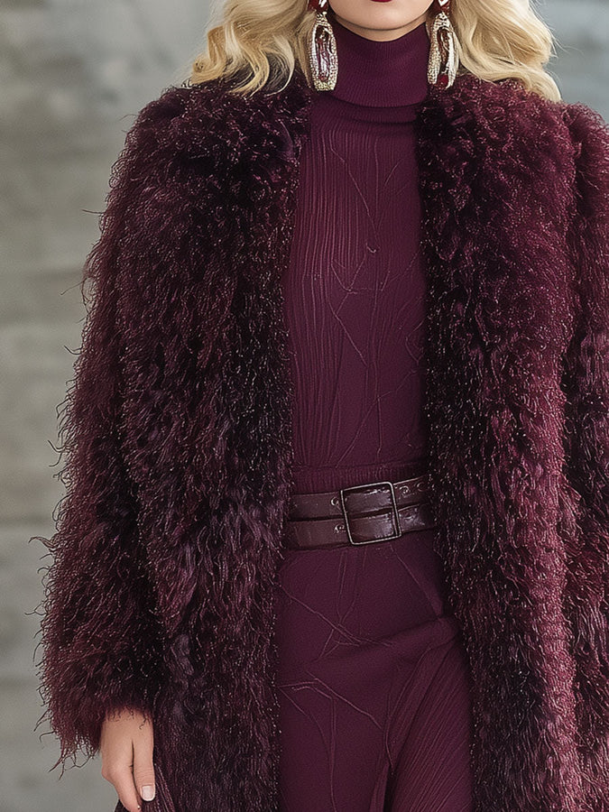 Élégant Manteau en Fausse Fourrure Prune : Chic et Sophistiqué