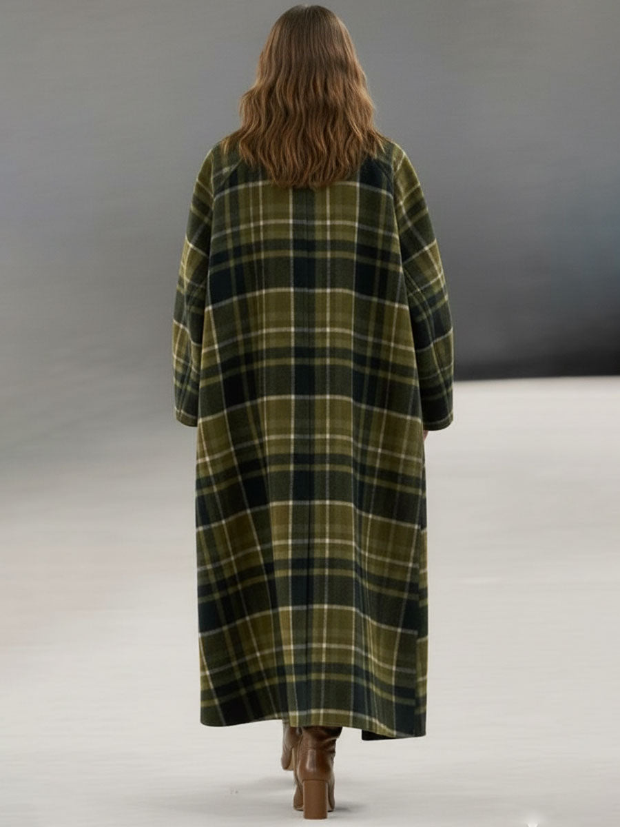 Longue Manteau en Laine à Carreaux Verts avec Bordure Rétro en PU