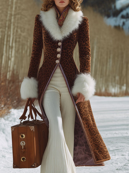 Veste Longue en Velours Léopard Marron avec Col en Fourrure Synthétique au Style Rétro