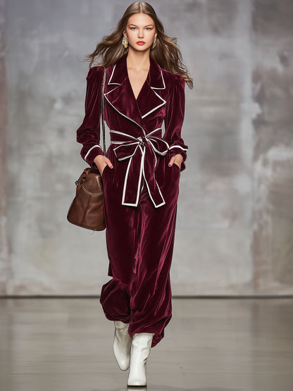 Combinaison en velours à manches longues avec cravate contrastée et col décontracté