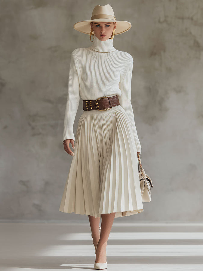 Robe Midi Plissée en Coton Tricoté - Élégance Décontractée en Blanc Crème