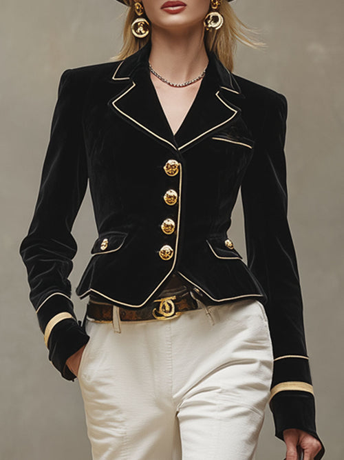 Veste Cintrée en Velours Noir avec Col Cranté et Détails Dorés