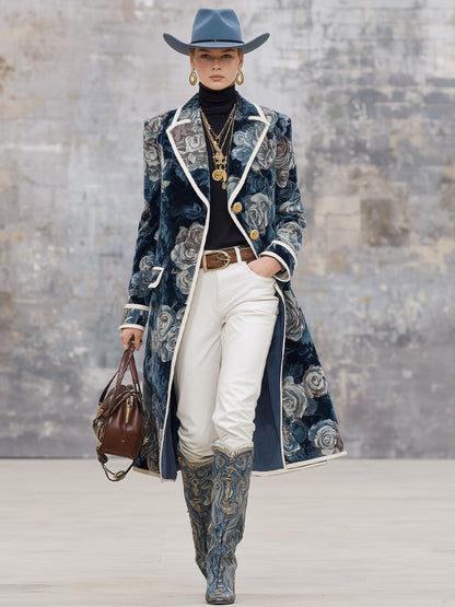 Veste en velours rose à motifs floraux avec col rétro et finitions contrastantes