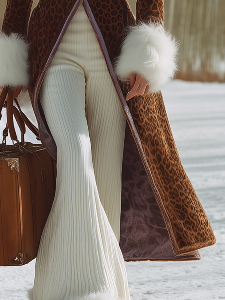 Veste Longue en Velours Léopard Marron avec Col en Fourrure Synthétique au Style Rétro