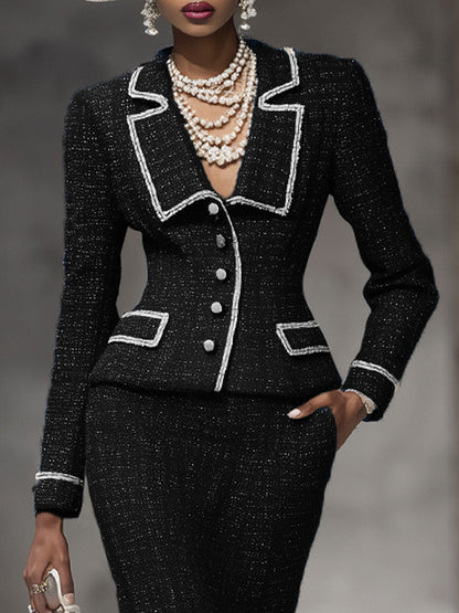 Ensemble Chic : Veste à Revers Élégant et Jupe en Tweed - Costume Deux-Pièces