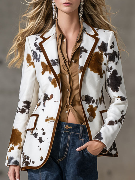 Veste en Velours Blanc avec Détails Marron au Style Western Rétro