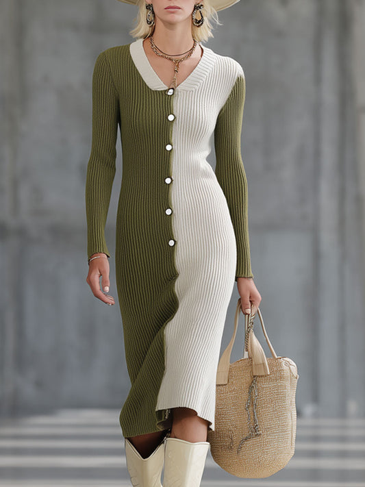 Robe Midi Vintage en Tricot Vert Mousse et Blanc