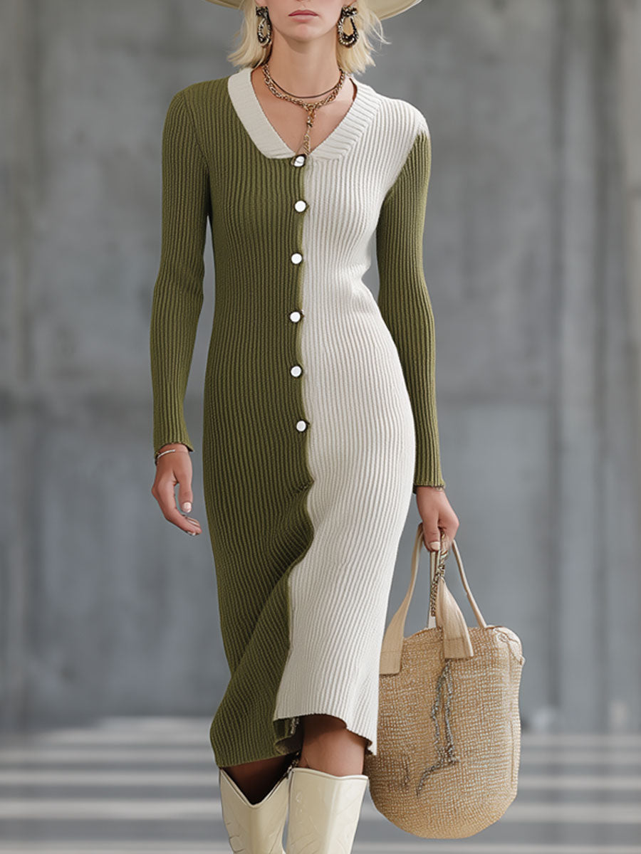 Robe Midi Tricotée Vintage en Laine Vert Mousse et Blanc