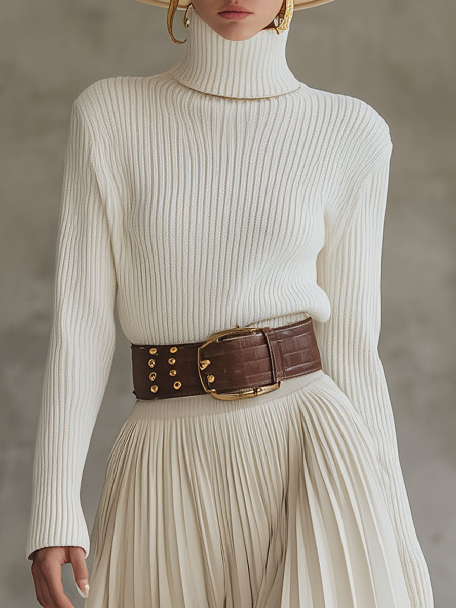 Robe Midi Plissée en Coton Tricoté - Élégance Décontractée en Blanc Crème