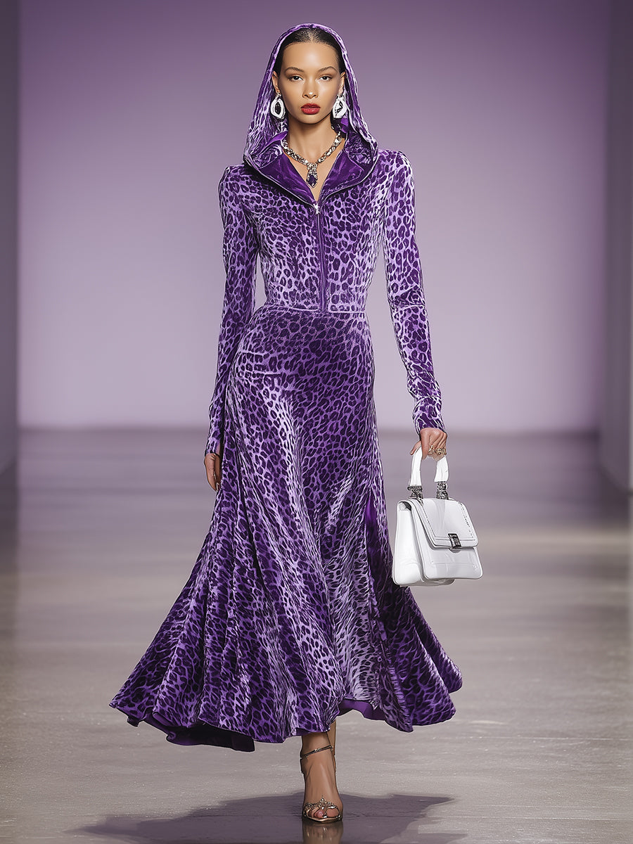 Robe Maxi en Velours Imprimé Léopard Violet avec Capuche et Zip