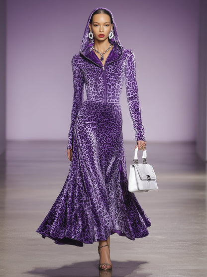 Robe Maxi en Velours Imprimé Léopard Violet avec Capuche et Zip