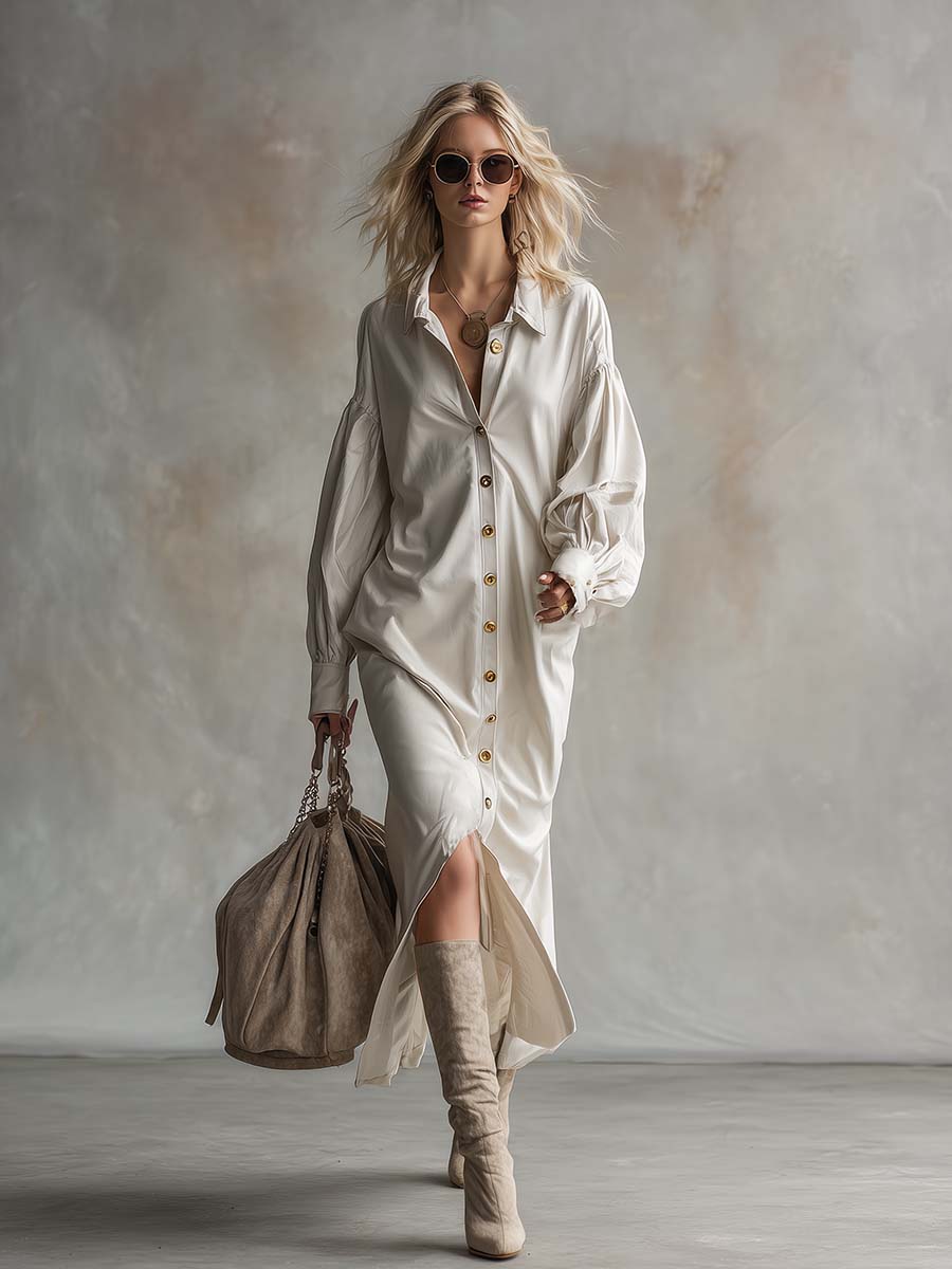 Robe Maxi Blanche en PU avec Col Revers et Boutonnage Avant - Élégance Décontractée