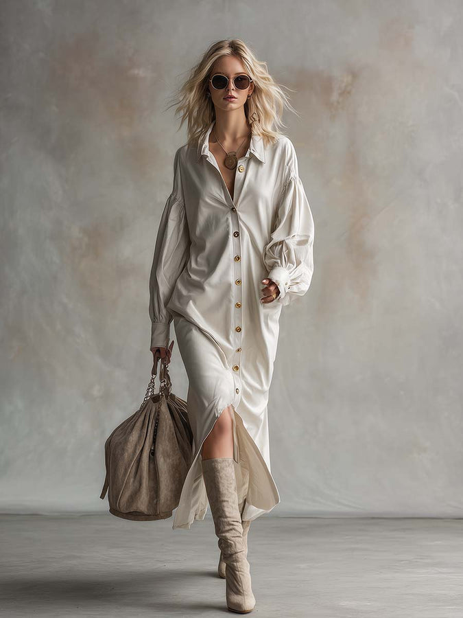 Robe Maxi Blanche en PU avec Boutons Frontaux et Col Chic