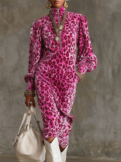 Robe Midi en Velours Léopard à Manches Bouffantes et Col Montant avec Zip